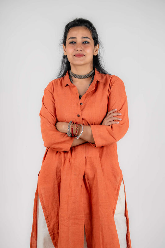 Khadi Collared Kurta ( Peachy Orange)