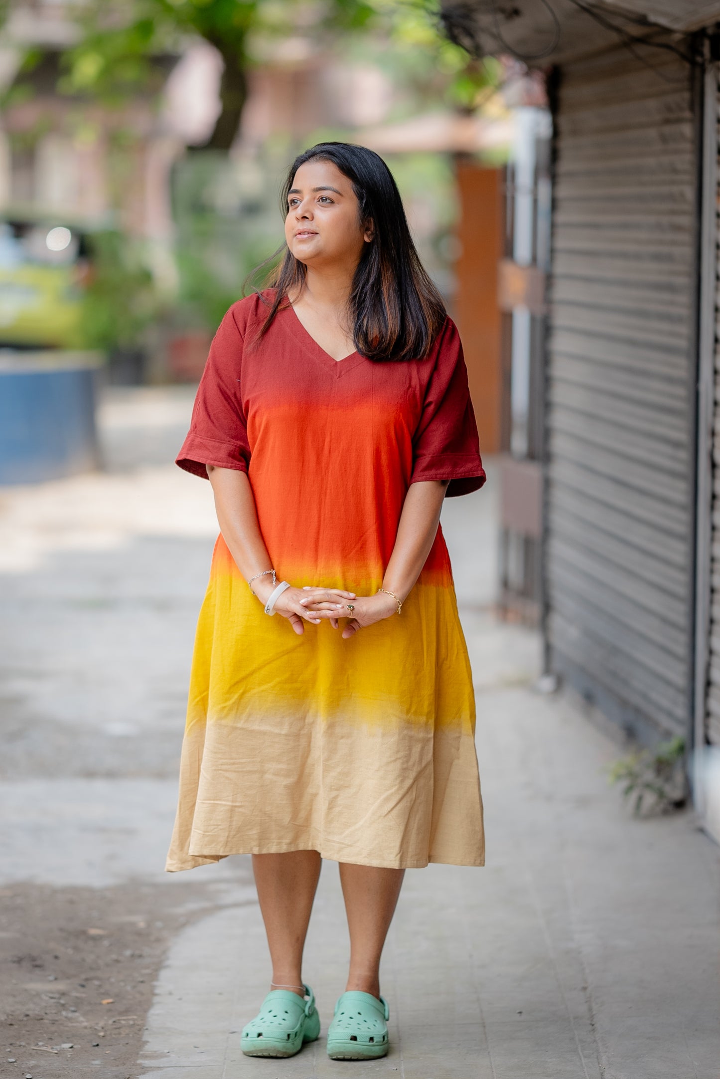 Ombre Hand-dyed Handwoven Khadi Kimono Style Kurta Only (Brown Yellow Ombre)