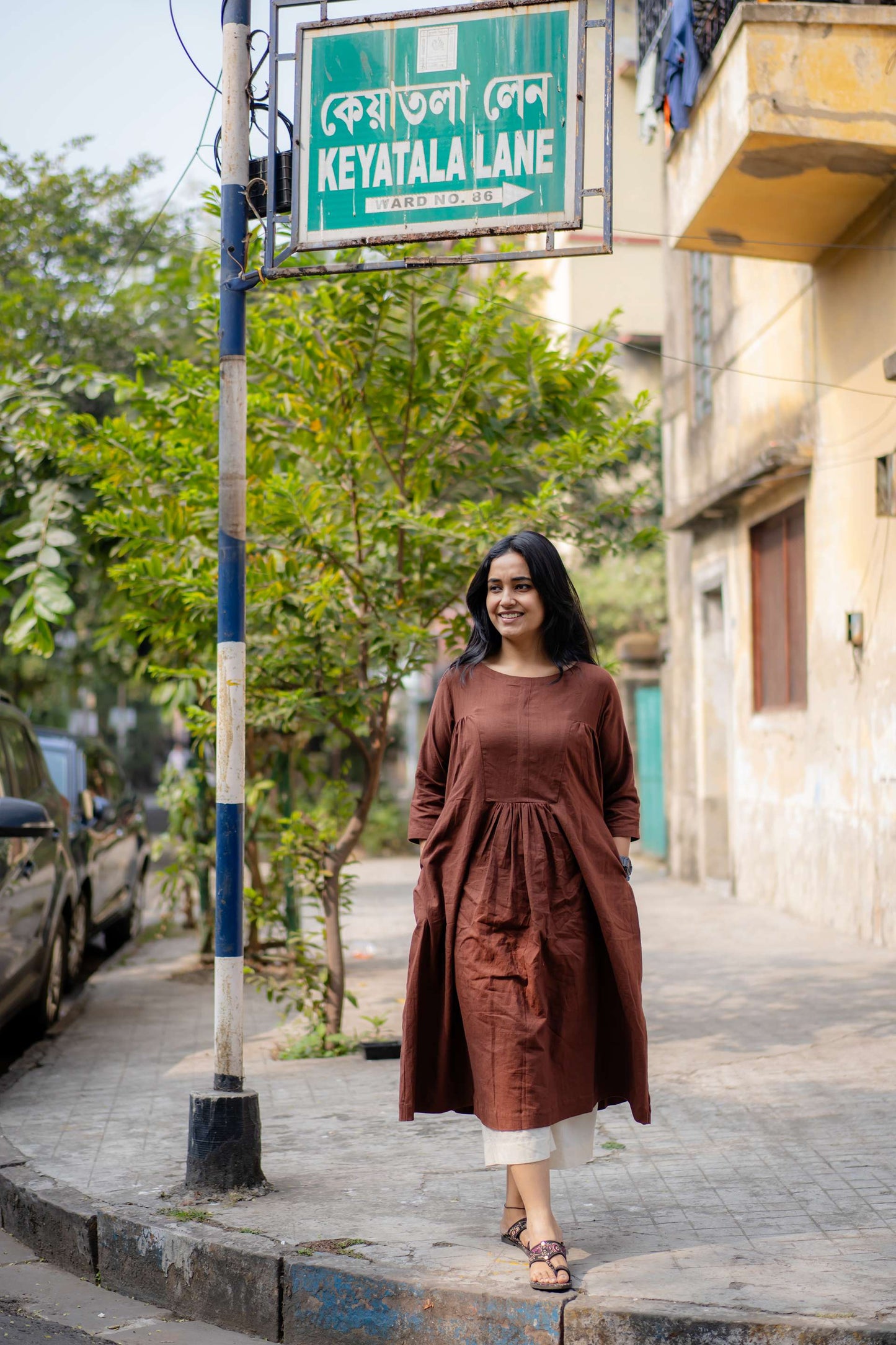 Handwoven Pure Khadi Gathered Brown Kurta ( Only Kurta)