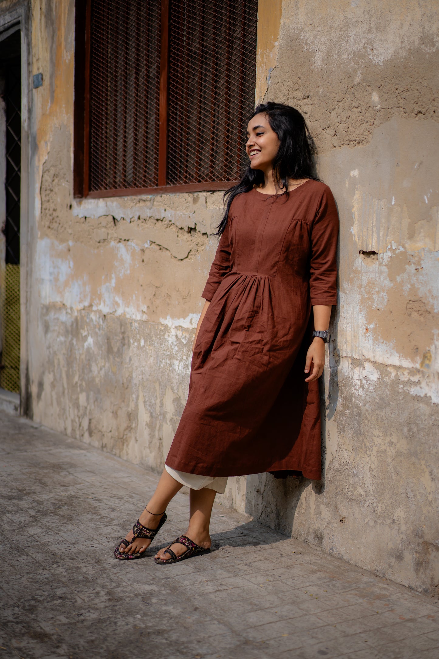 Handwoven Pure Khadi Gathered Brown Kurta ( Only Kurta)