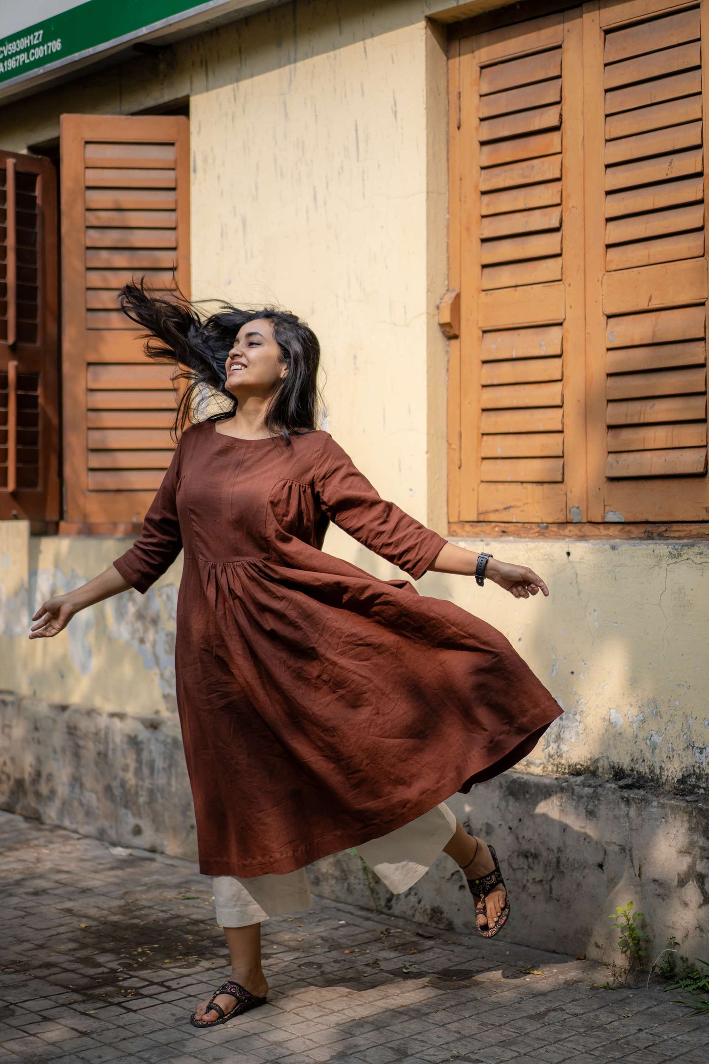 Handwoven Pure Khadi Gathered Brown Kurta ( Only Kurta)