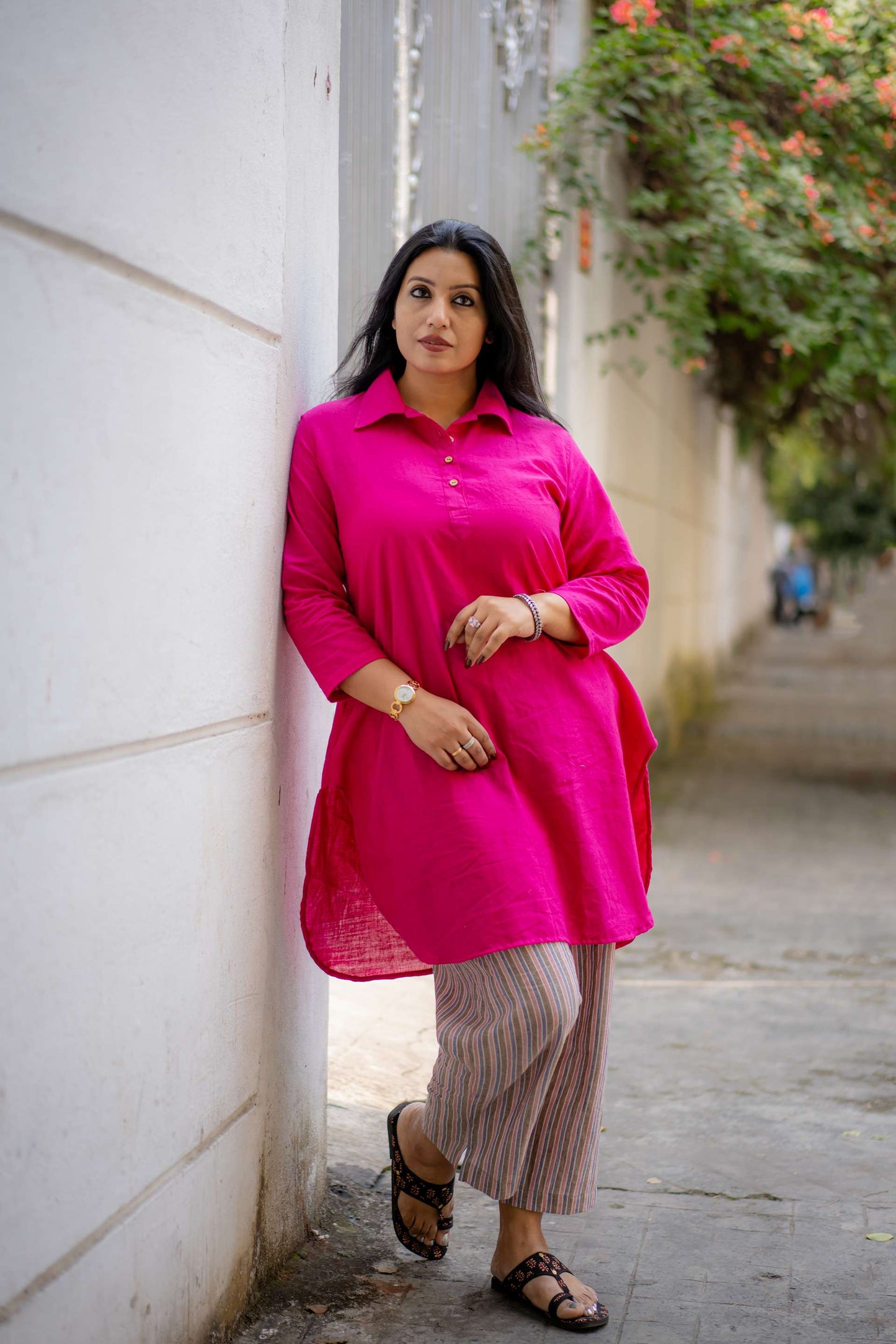 Fuschia Pink Collared Kurta in Handwoven Khadi with Khadi Striped Straight Pant