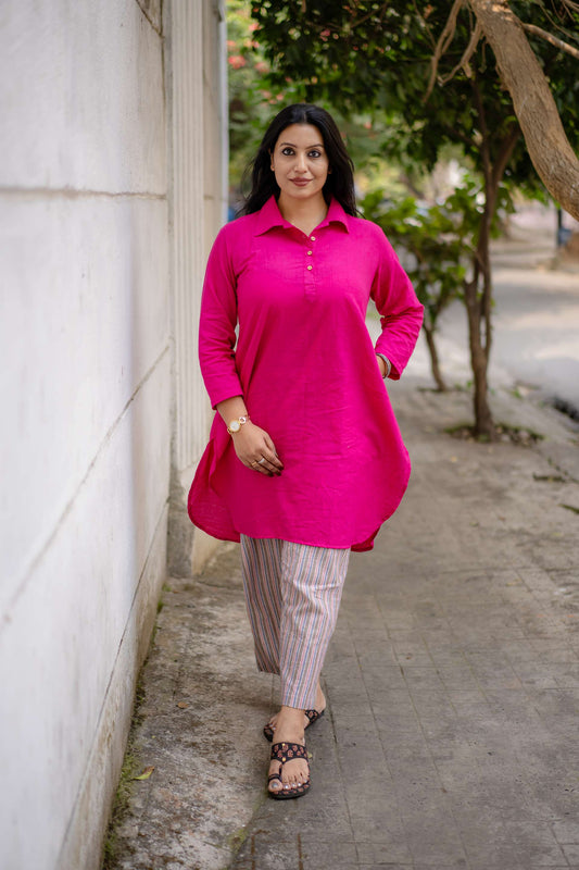 Fuschia Pink Collared Kurta in Handwoven Khadi with Khadi Striped Straight Pant