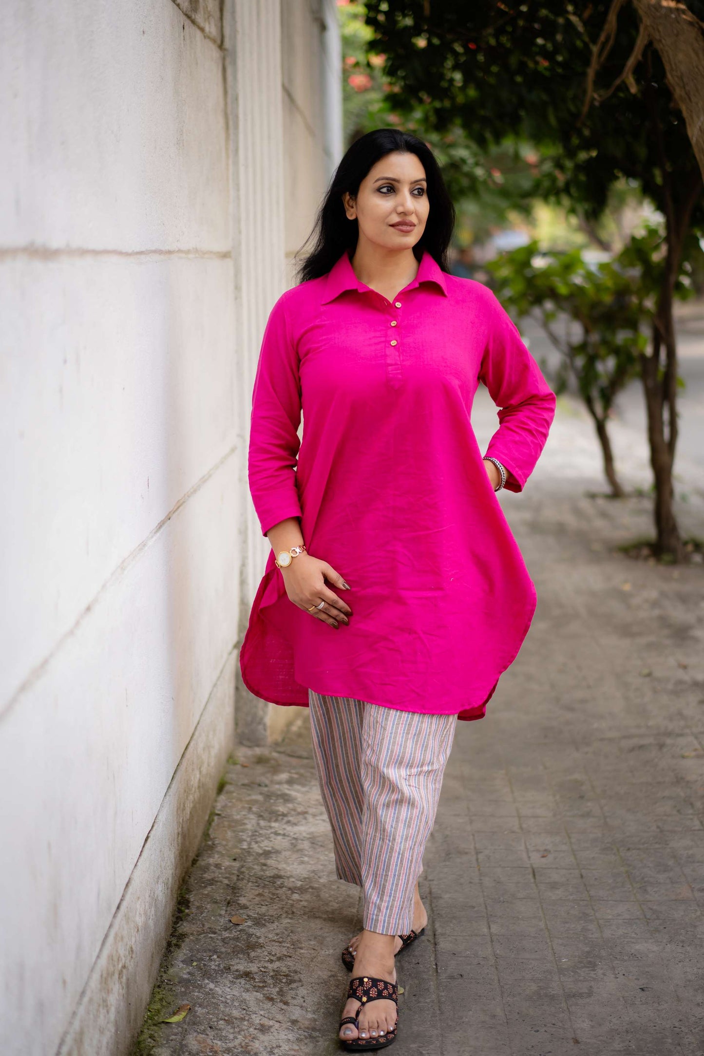 Fuschia Pink Collared Kurta in Handwoven Khadi with Khadi Striped Straight Pant