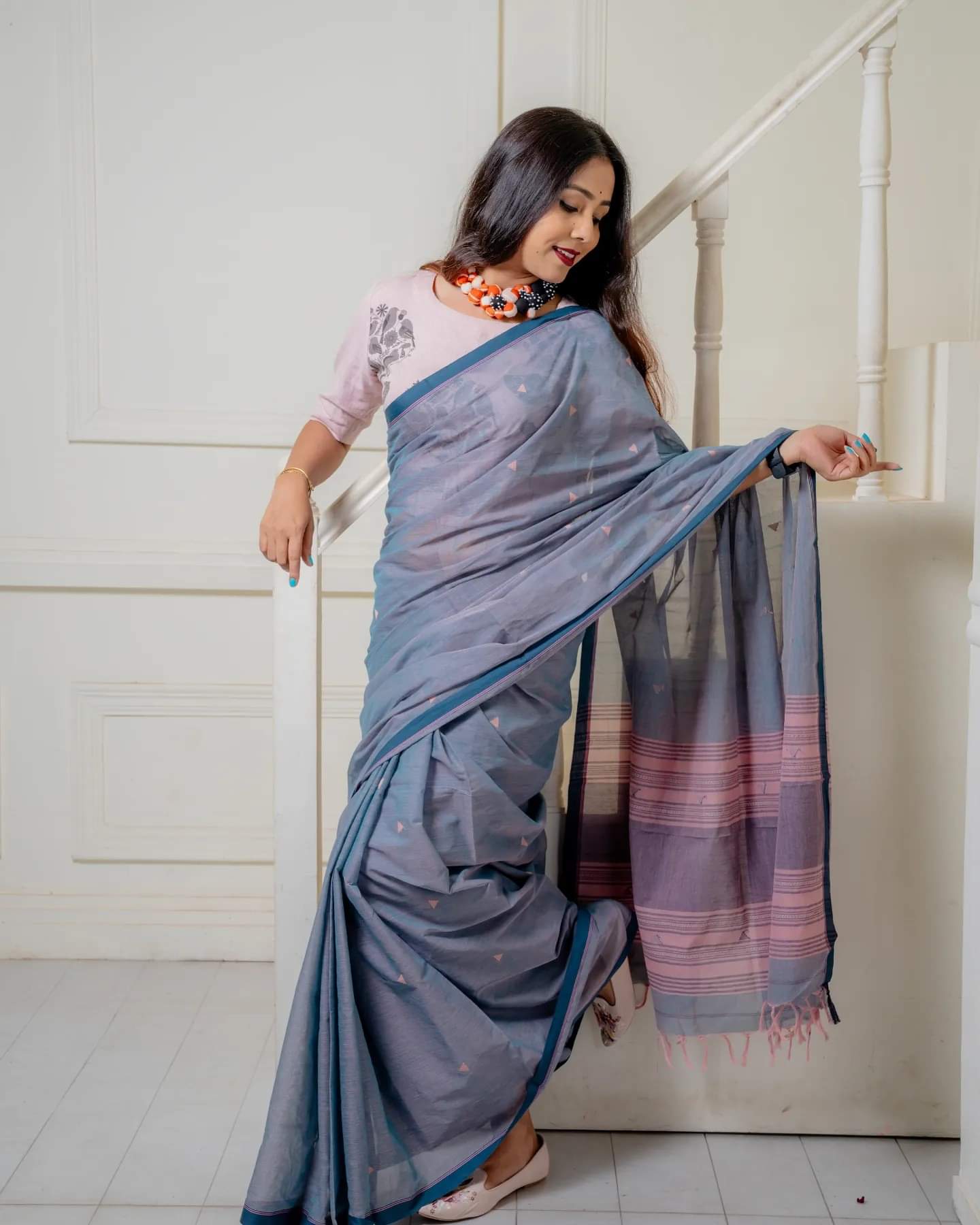 Blush 2.0- Handwoven Pure Cotton Begampuri Saree ( Teal Green Tone)