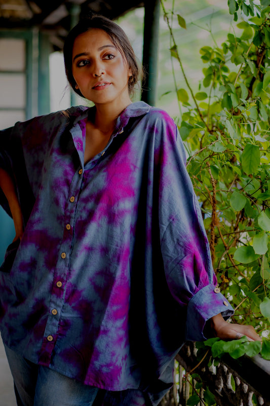 Pure Khadi Oversized Shirt ( Grey Magenta Tie Dye)