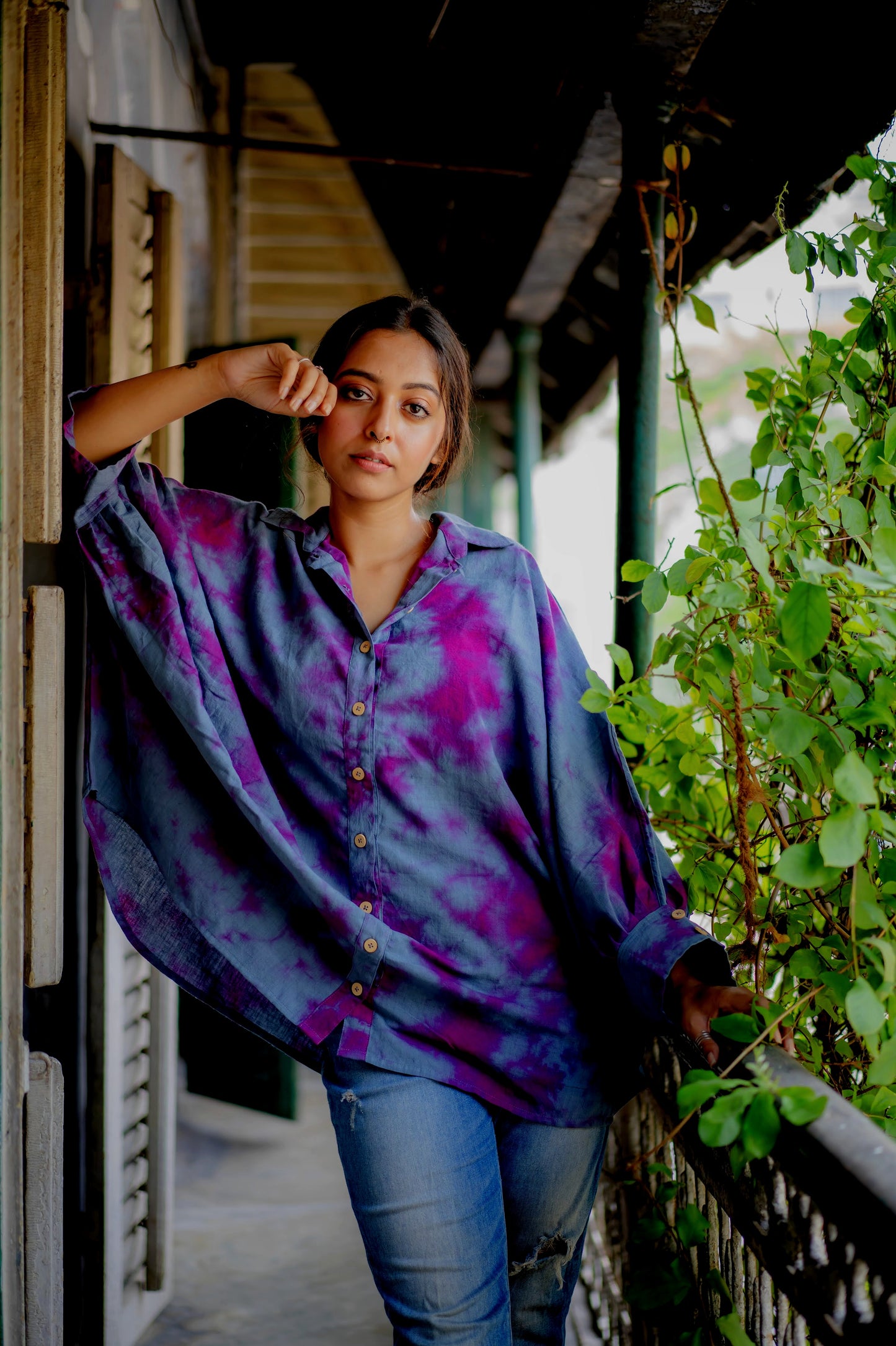 Pure Khadi Oversized Shirt ( Grey Magenta Tie Dye)