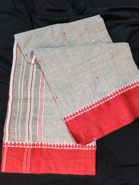 Wide Naxa Border Begampuri Saree with Buta ( Grey and Red)