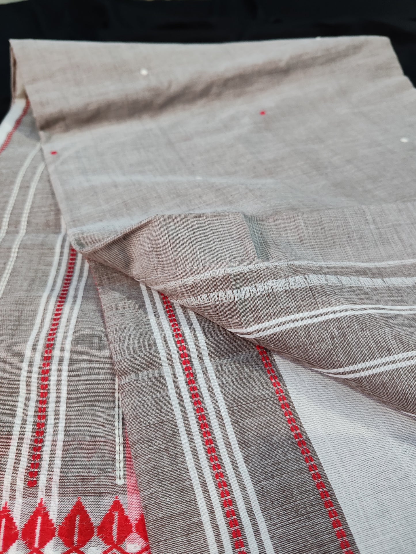 Wide Naxa Border Begampuri Saree with Buta ( Grey and Red)