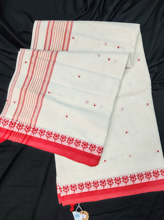 Red White Pure Handwoven Cotton Lotus Border Begampuri Saree