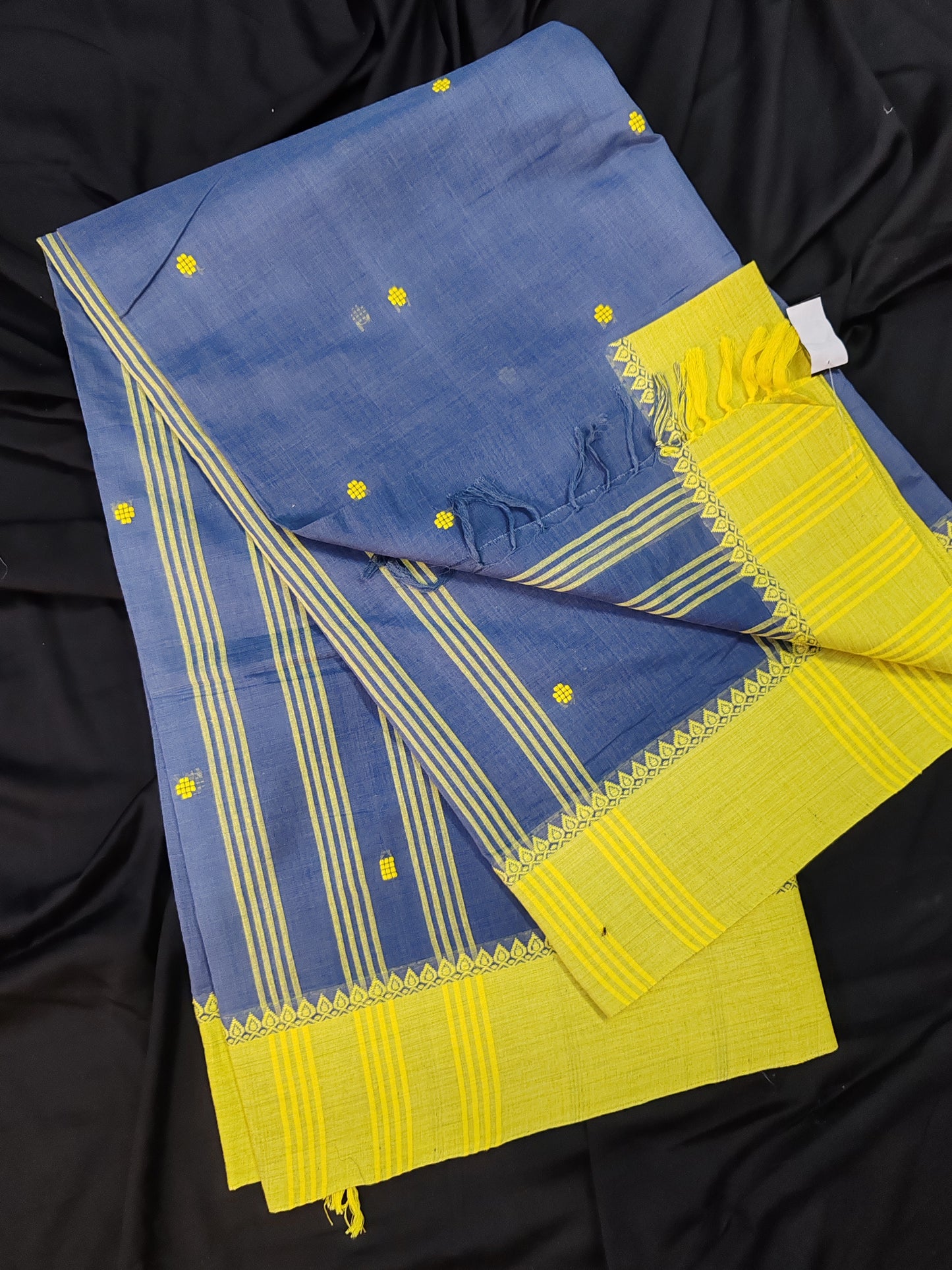 Pure Cotton Begampuri Saree ( Steel Blue Grey & Yellow)