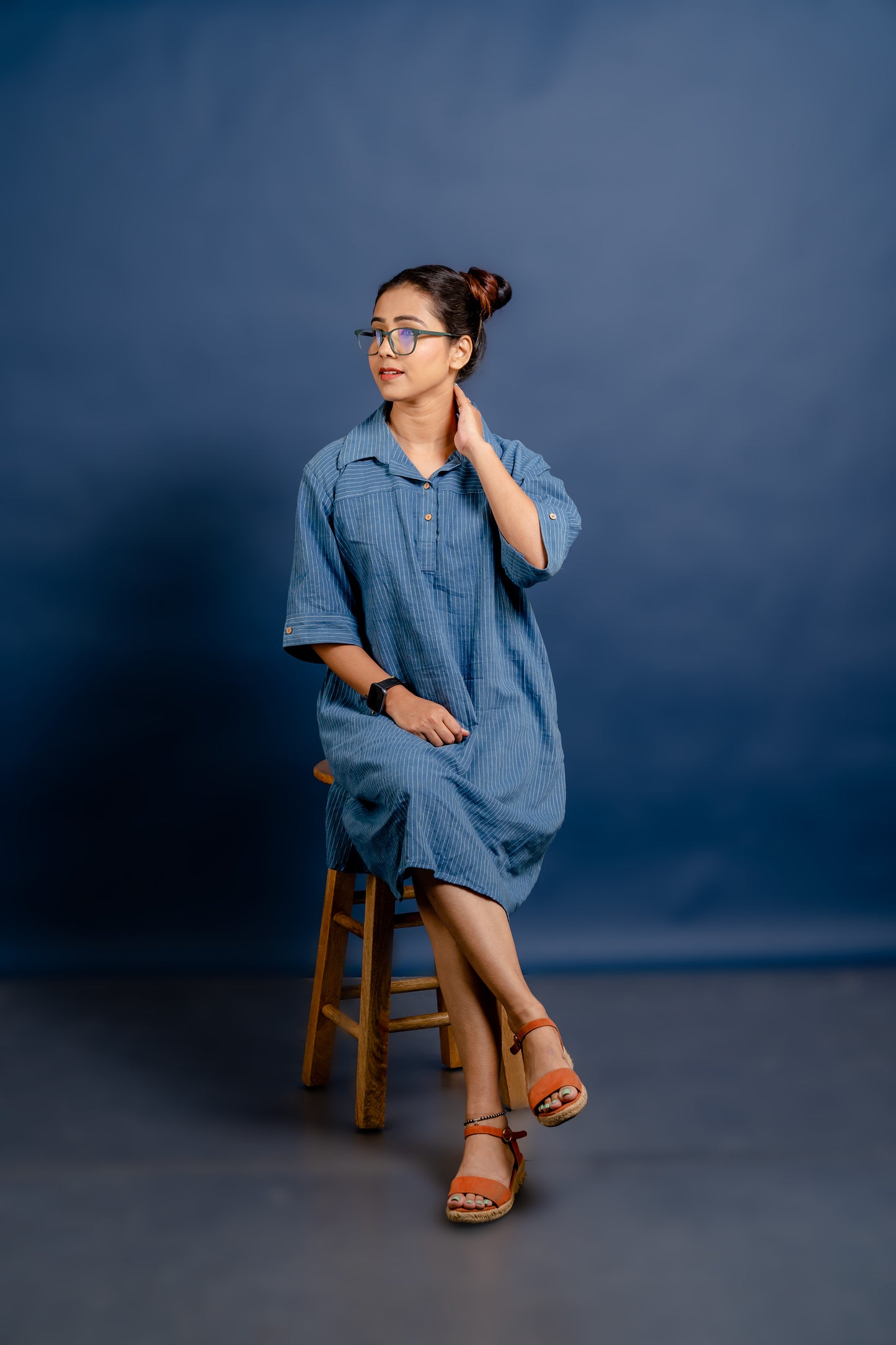 Natural Dyed Indigo Striped Shirt Dress