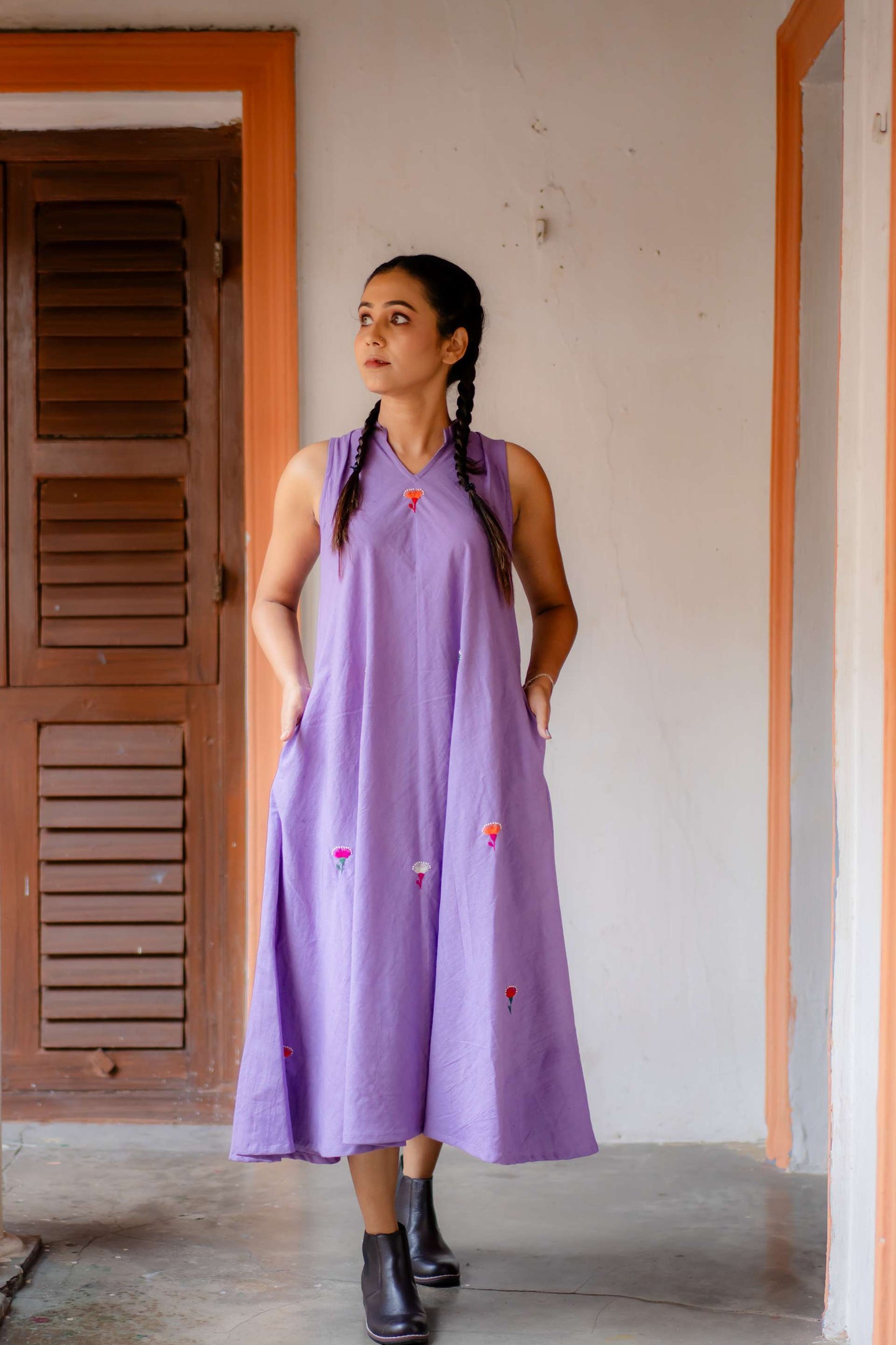 Pure Khadi Hand Embroidered A Line Umbrella Cut One Piece Dress ( Lavender Shade)