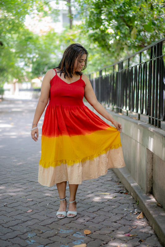 Ombre Hand-dyed Handwoven Khadi flared dress ( Red Ombre)