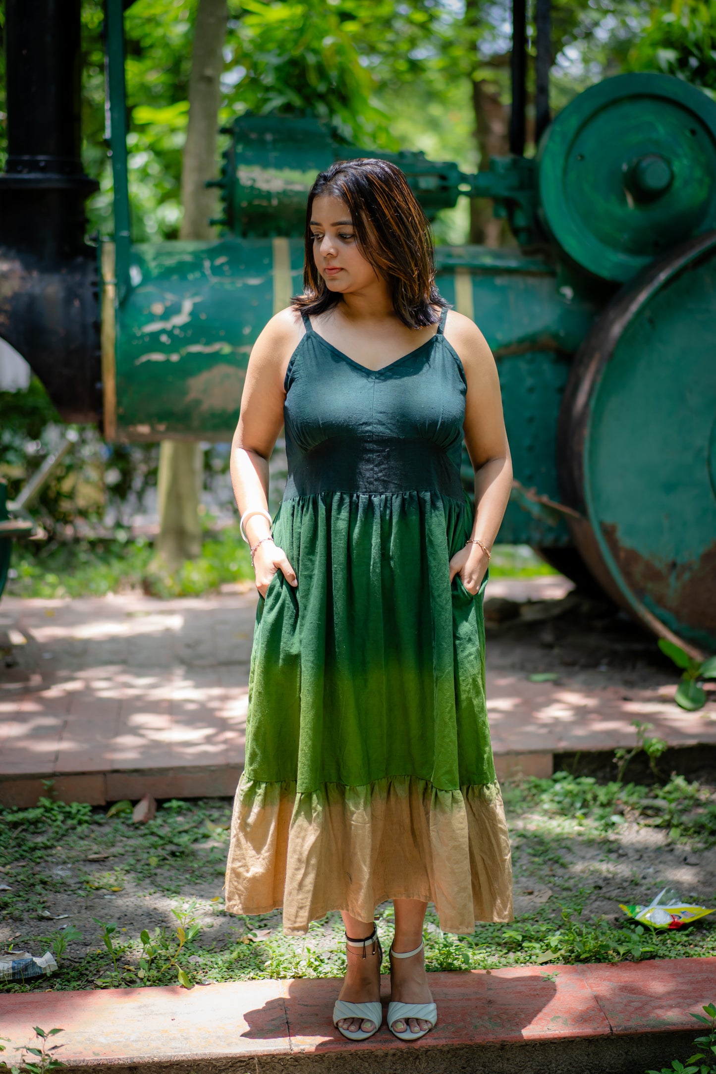 Ombre Hand-dyed Handwoven Khadi flared dress ( Green Ombre)