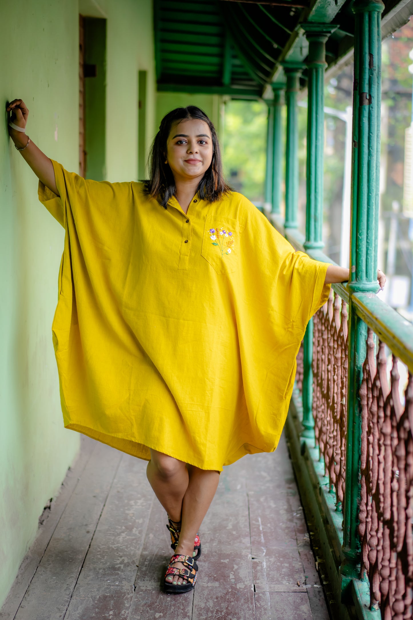 Yellow Oversized Draped Kurta with Hand Embroidered in Pure Khadi ( Only Top)