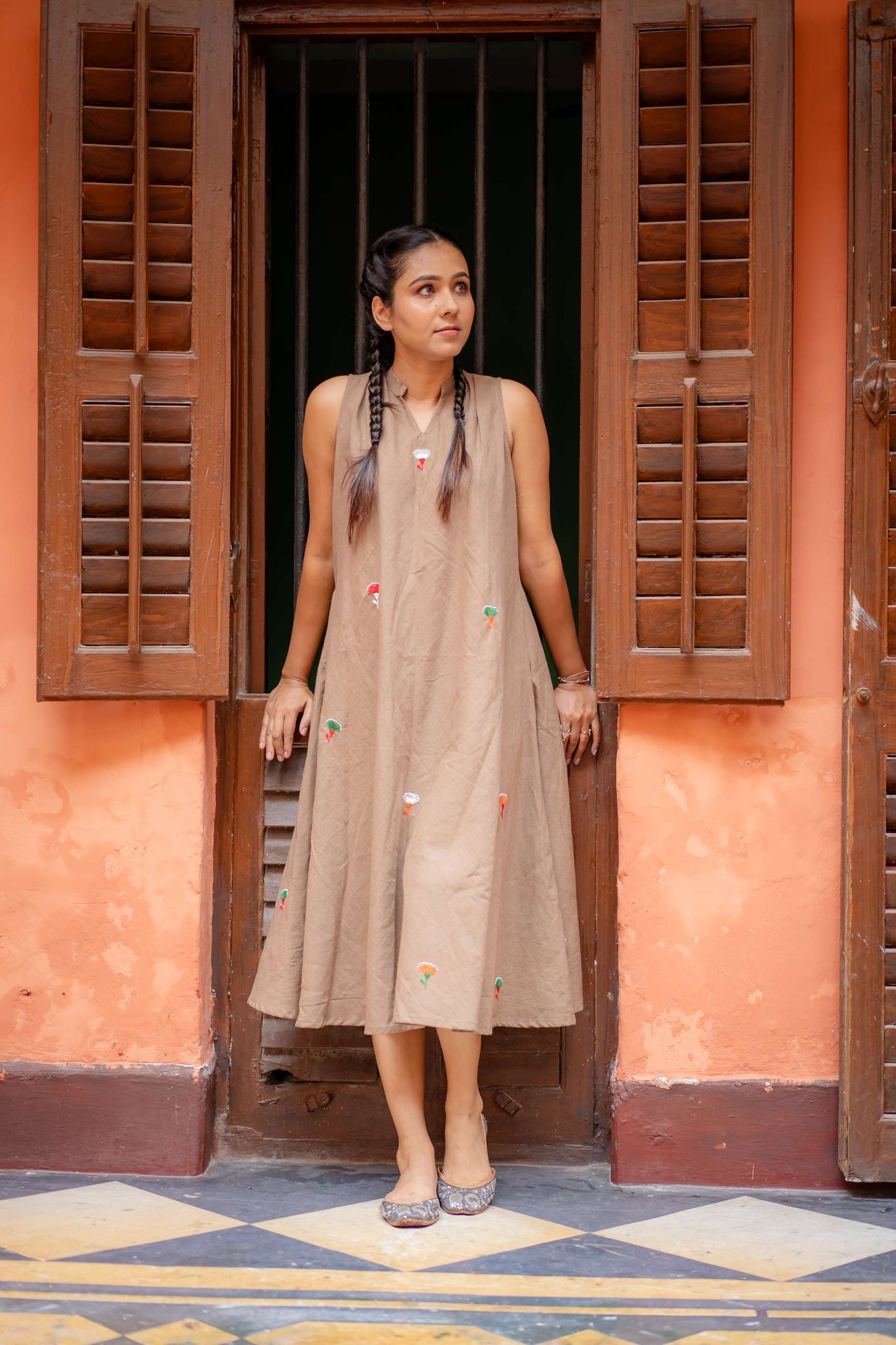 Pure Khadi Hand Embroidered A Line Umbrella Cut One Piece Dress ( Oat Meal Shade)