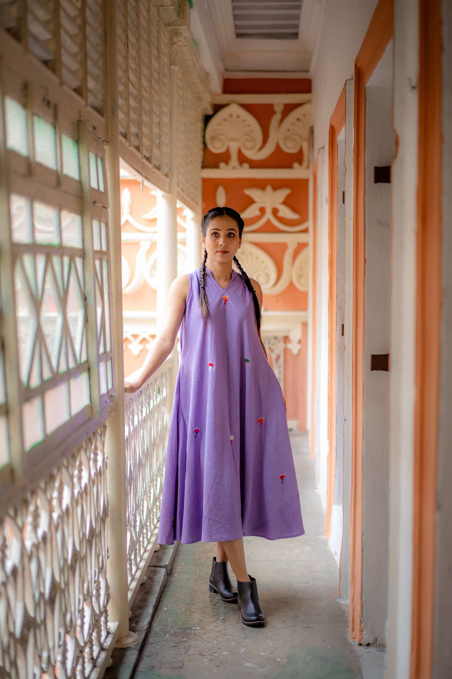 Pure Khadi Hand Embroidered A Line Umbrella Cut One Piece Dress ( Lavender Shade)