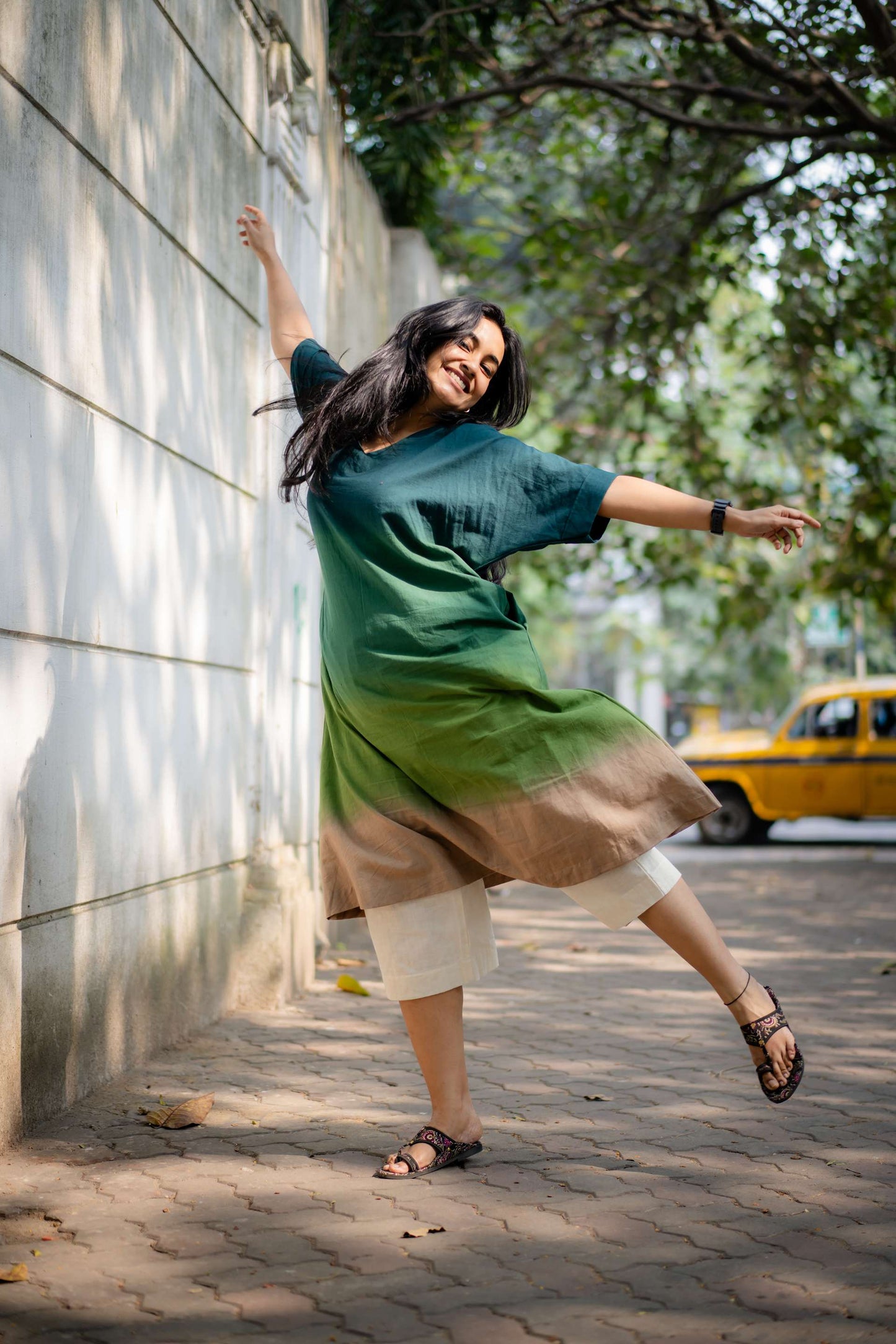 Green Ombre Hand-dyed Handwoven Khadi Kimono Kurta with Khadi Culotte