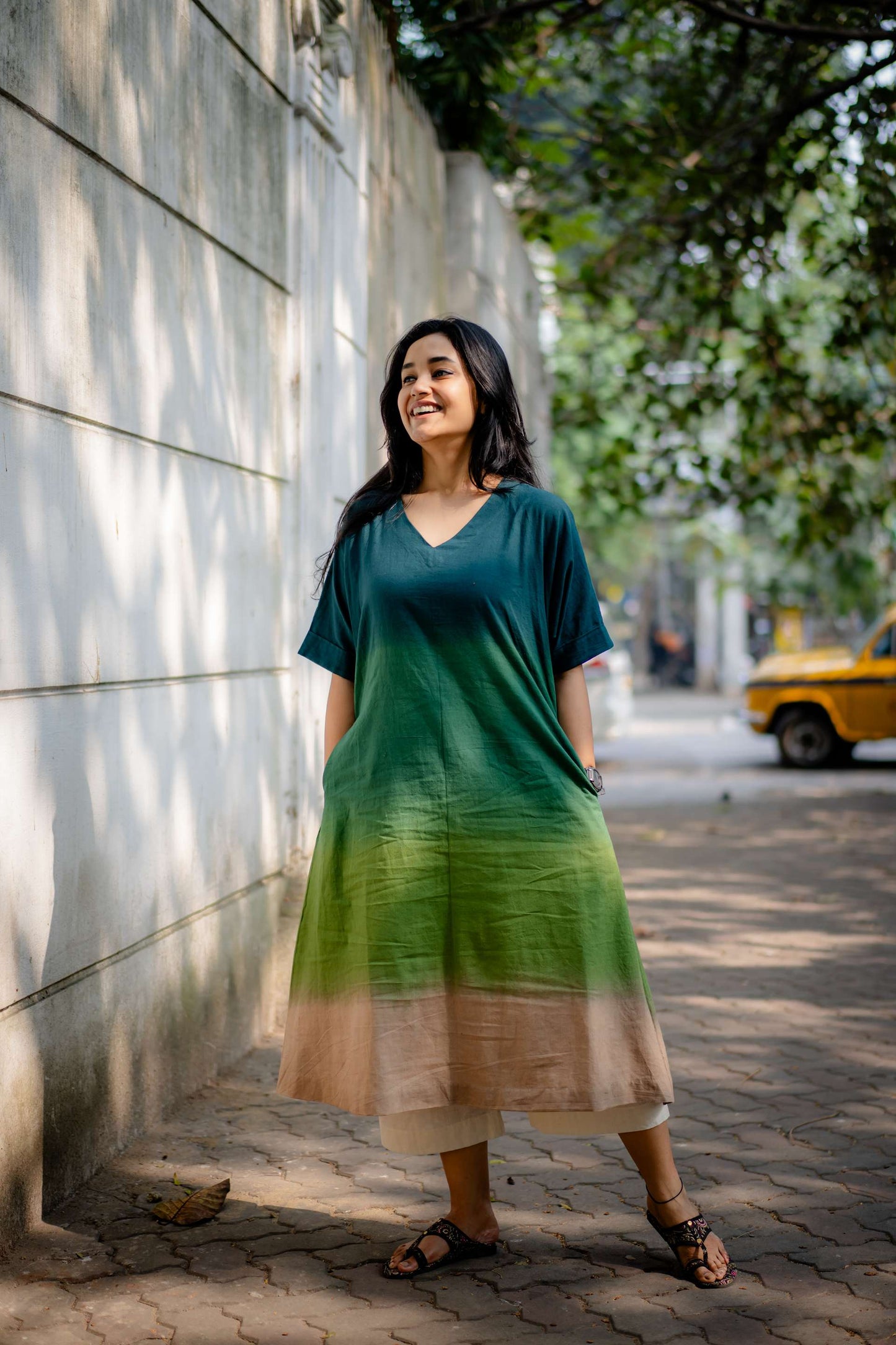 Green Ombre Hand-dyed Handwoven Khadi Kimono Kurta with Khadi Culotte