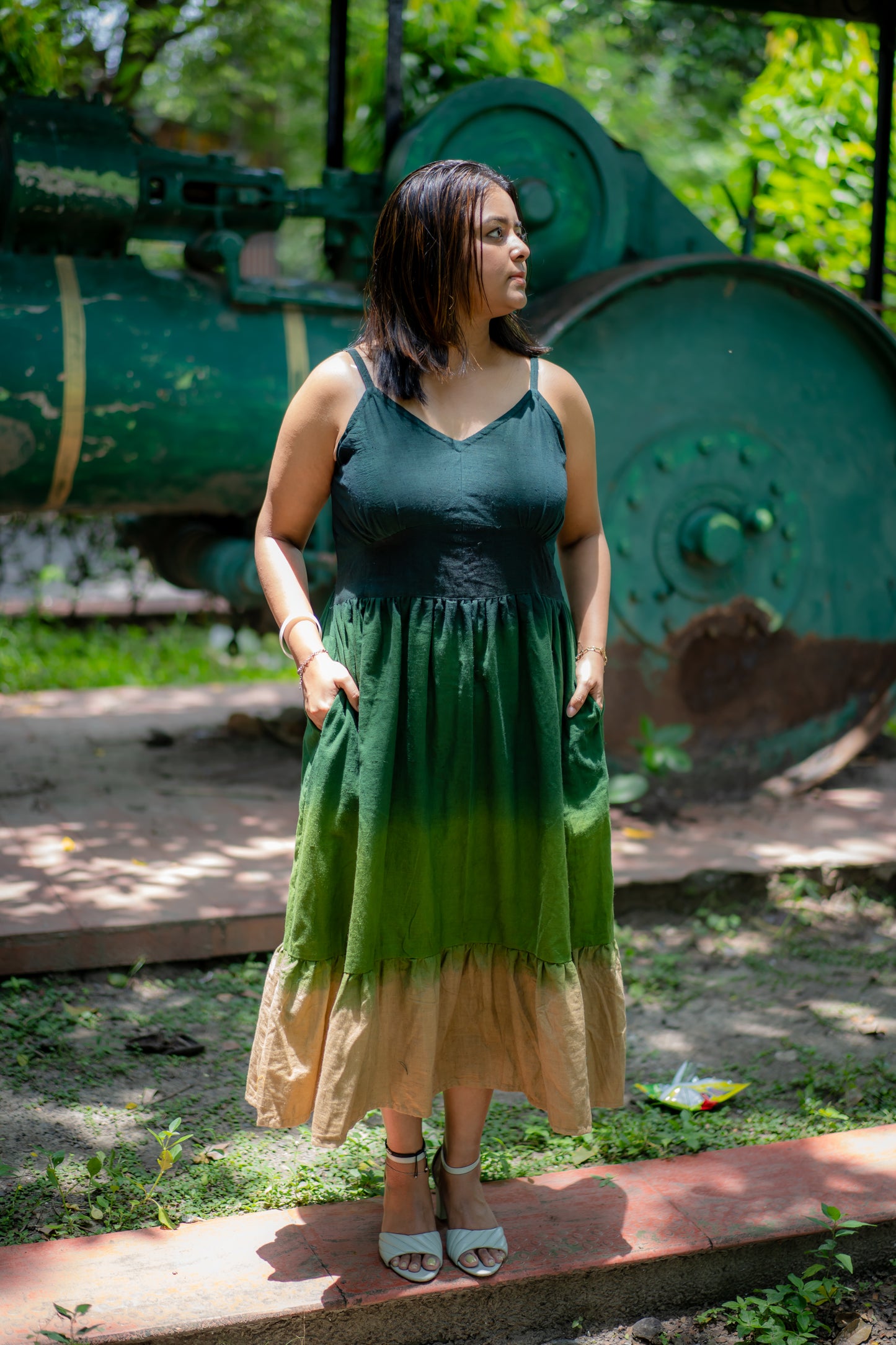 Ombre Hand-dyed Handwoven Khadi flared dress ( Green Ombre)