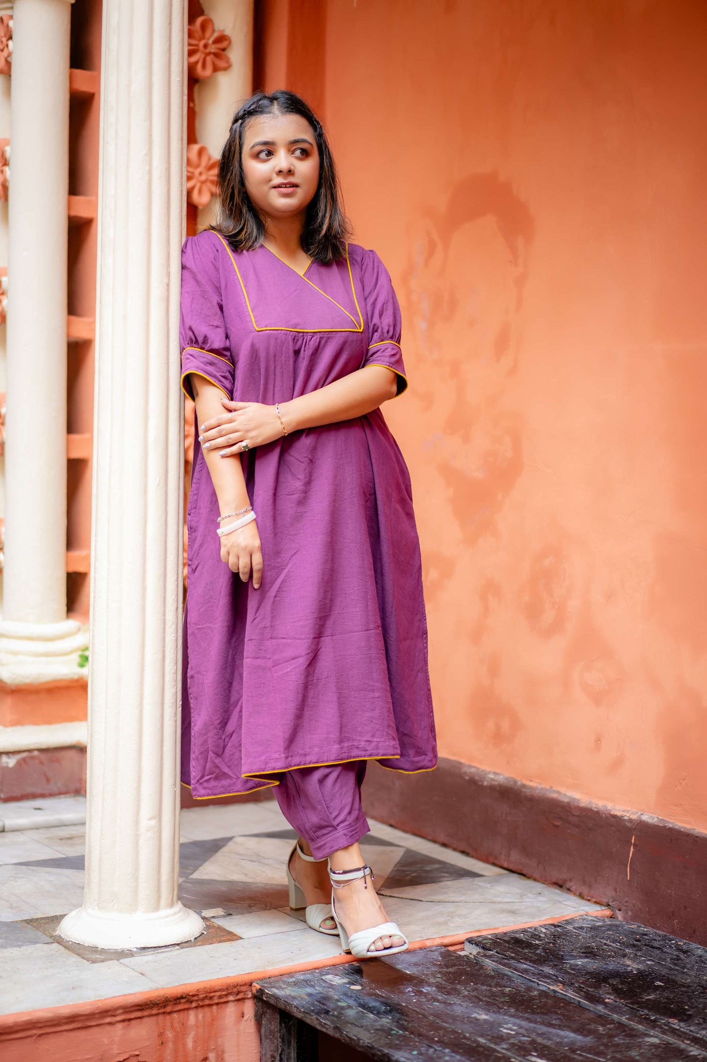 Damini Co-ord Set (Pure Khadi Traditional Kurta Bottom Co-ord set  Purple and Golden Yellow)