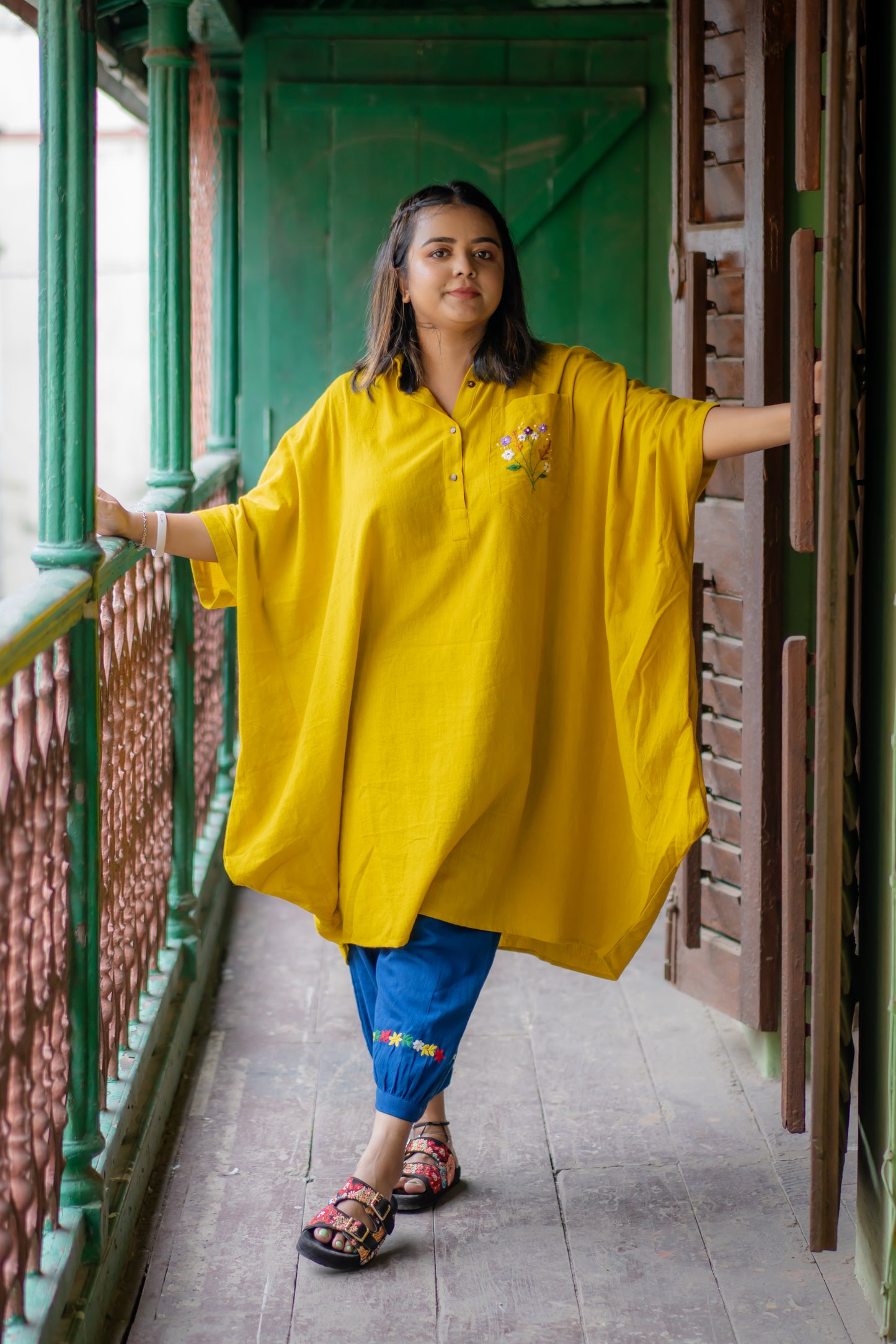 Yellow Oversized Draped Kurta with Hand Embroidered in Pure Khadi ( Only Top)