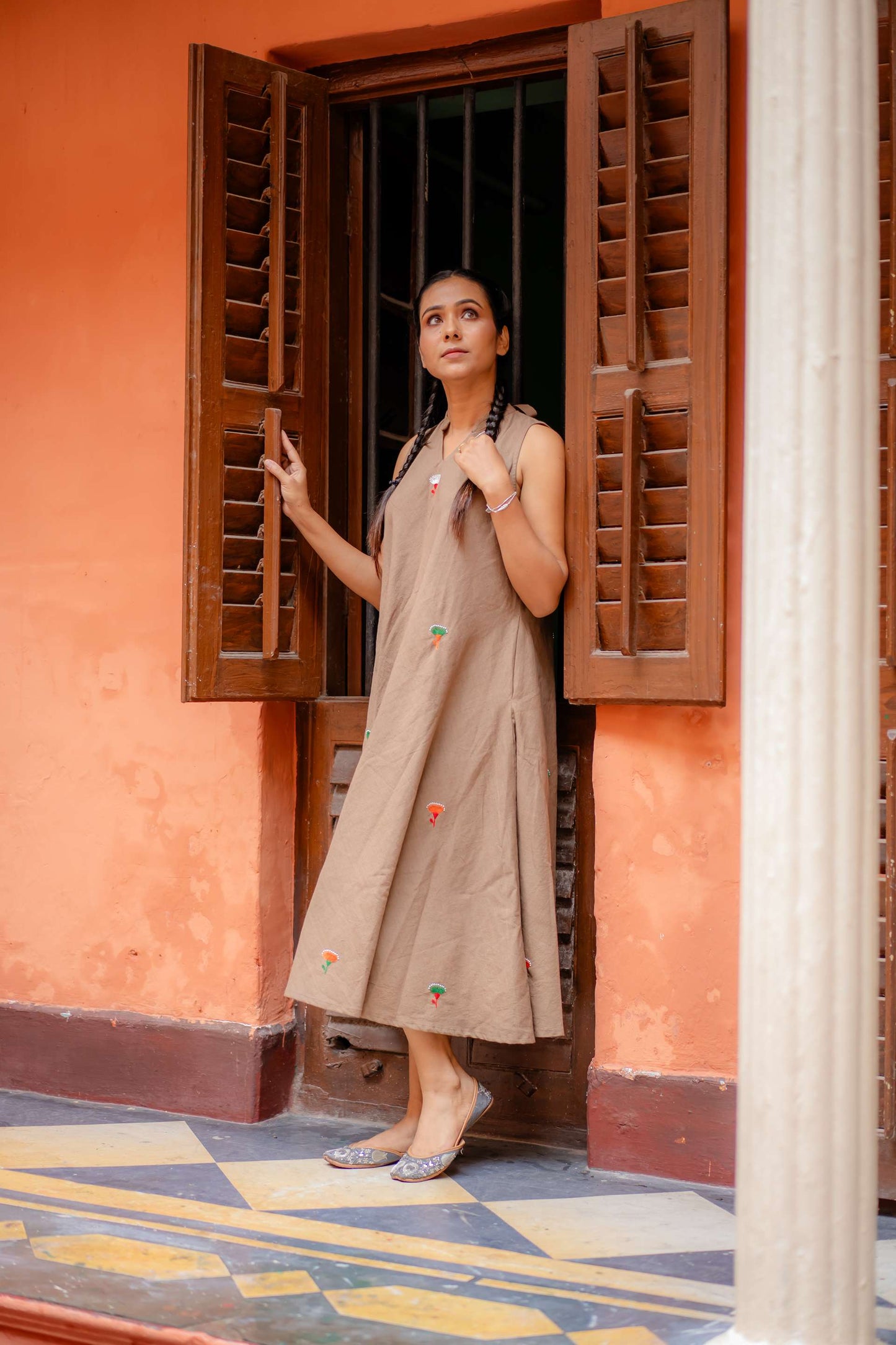 Pure Khadi Hand Embroidered A Line Umbrella Cut One Piece Dress ( Oat Meal Shade)