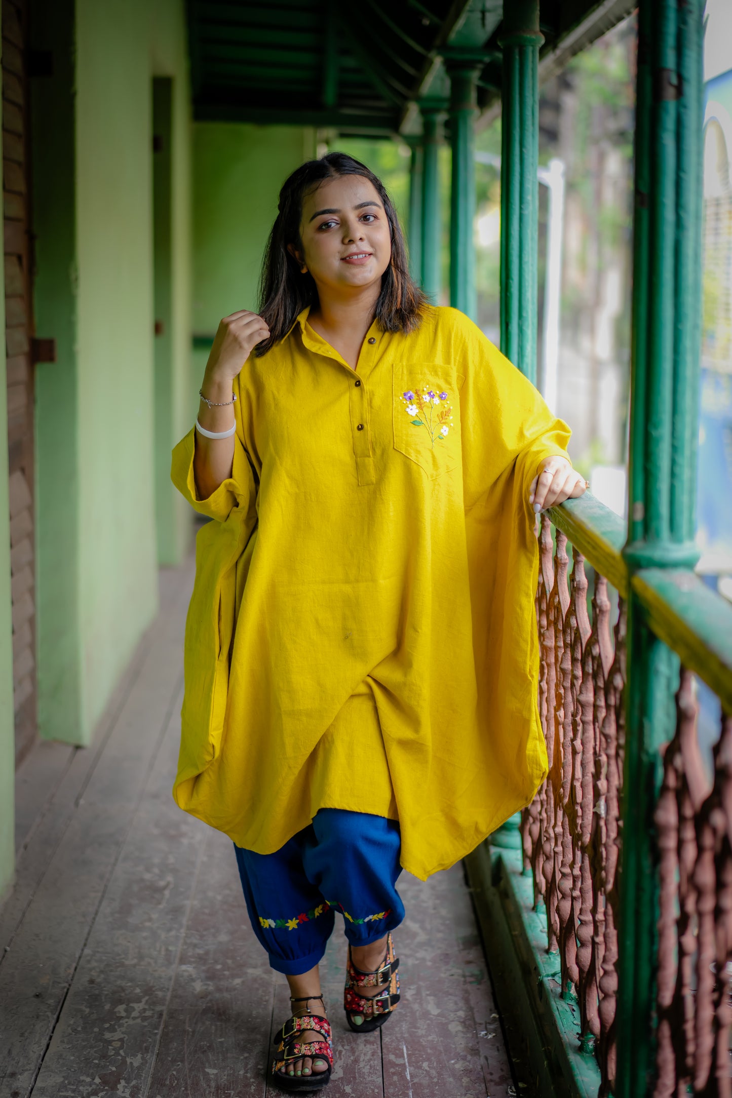 Yellow Oversized Draped Kurta with Hand Embroidered in Pure Khadi ( Only Top)