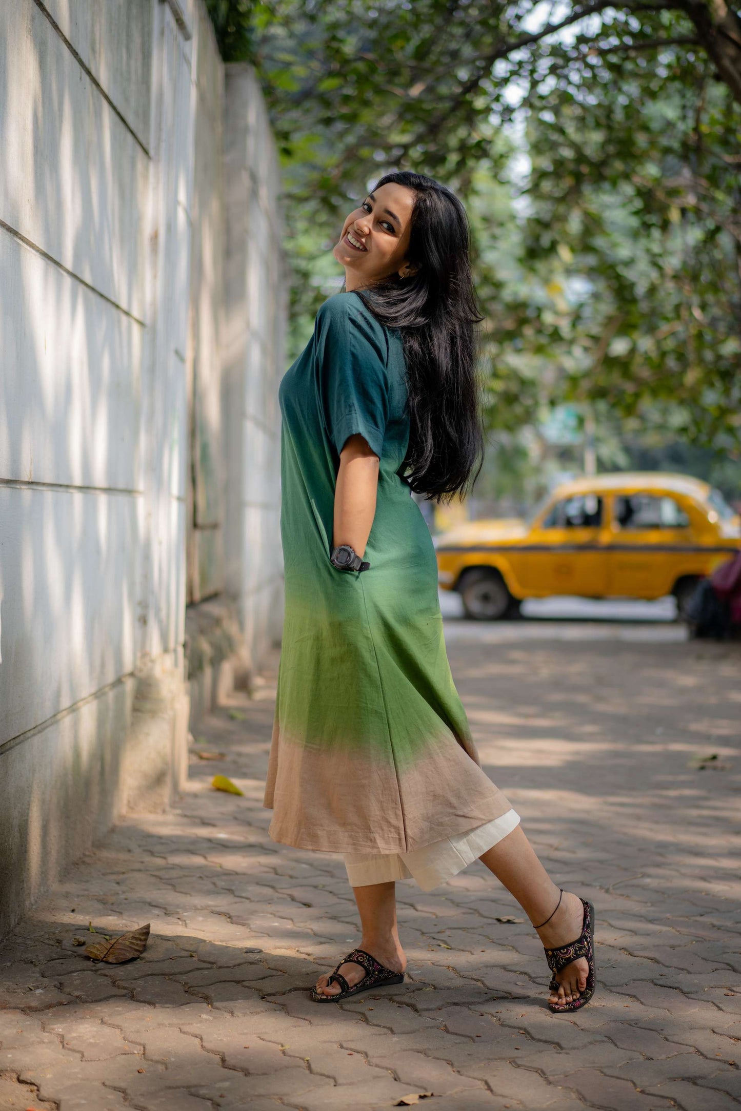 Green Ombre Hand-dyed Handwoven Khadi Kimono Kurta with Khadi Culotte