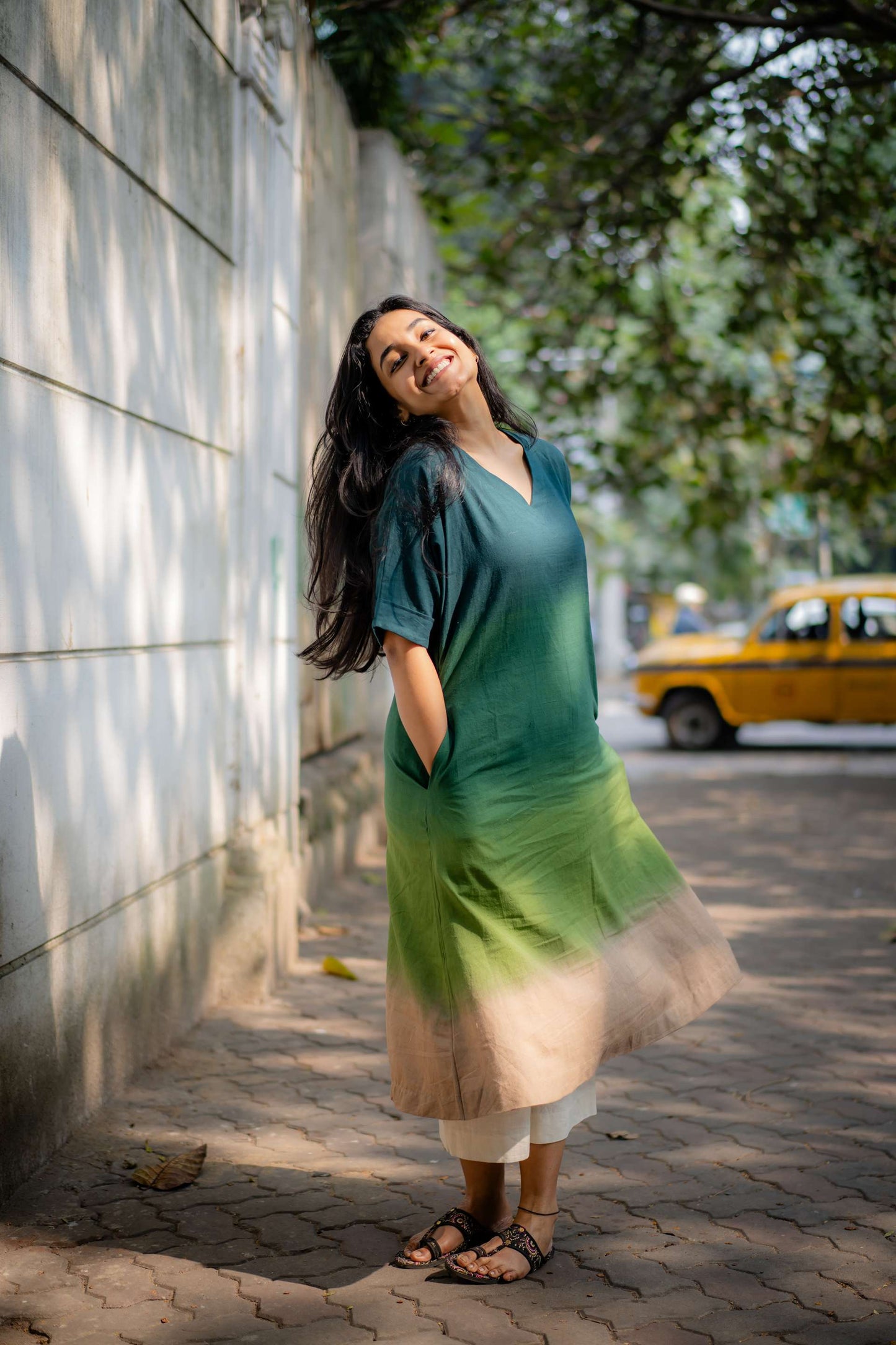 Green Ombre Hand-dyed Handwoven Khadi Kimono Kurta with Khadi Culotte