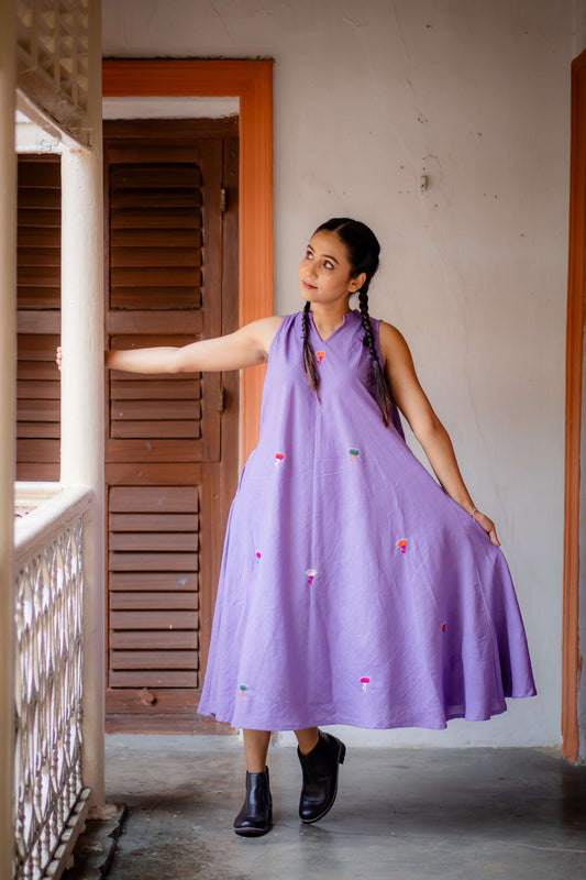 Pure Khadi Hand Embroidered A Line Umbrella Cut One Piece Dress ( Lavender Shade)