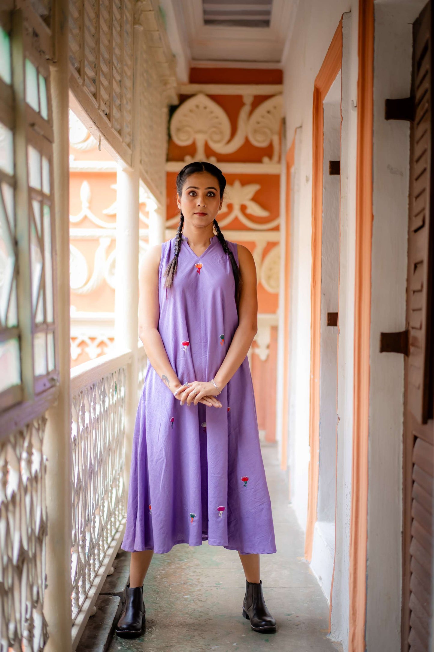 Pure Khadi Hand Embroidered A Line Umbrella Cut One Piece Dress ( Lavender Shade)